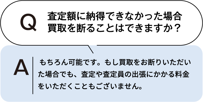 査定額に納得できなかった場合、買取を断ることはできますか？ もちろん可能です。もし買取をお断りいただいた場合でも、査定や査定員の出張にかかる料金をいただくこともございません。
